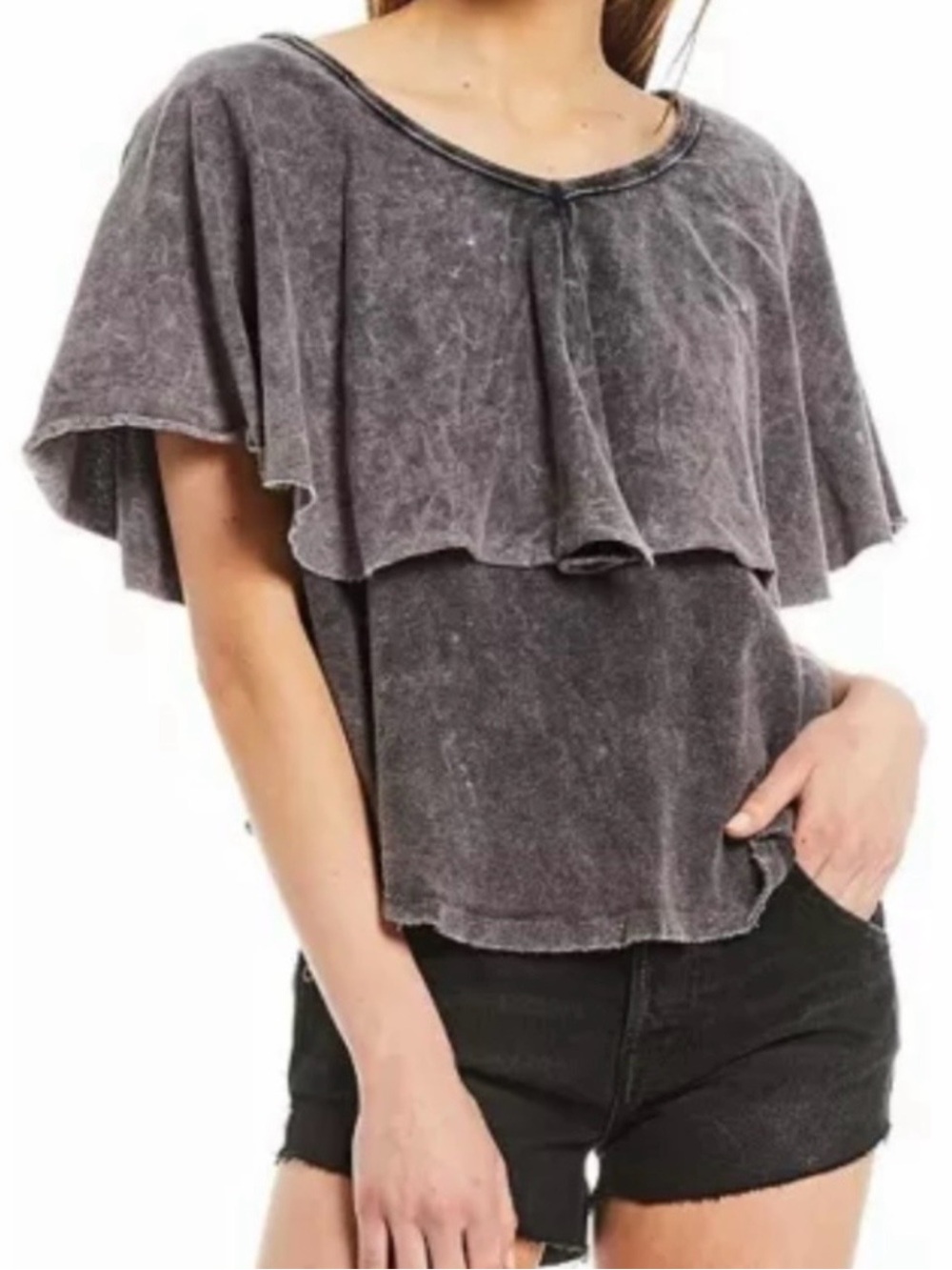 Free People Washed Charcoal Ruffle Crop Top